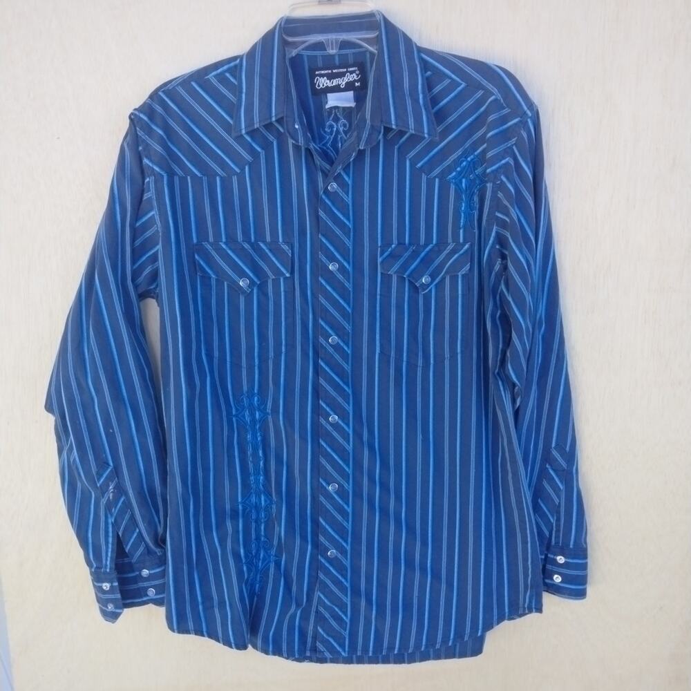 Wrangler Rock Western Pearl Snap Men's Medium Plaid Embroidered Shirt Blue